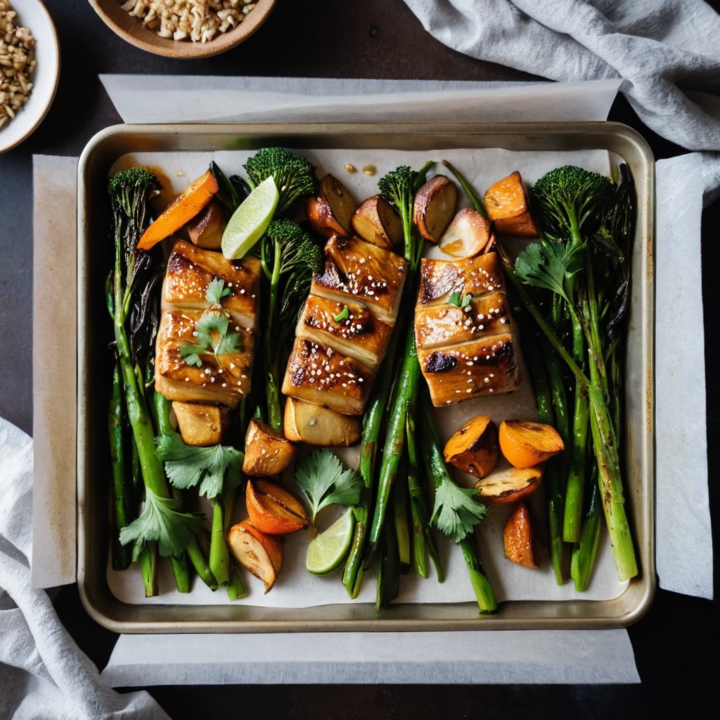 Golden chicken pieces and roasted vegetables drizzled with a shiny glaze on a parchment-lined sheet pan.