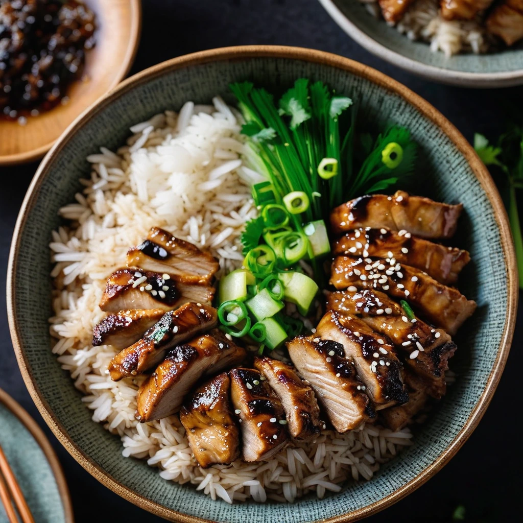 Steamed rice topped with glazed chicken thighs, green onions, and sesame seeds in a wooden bowl.