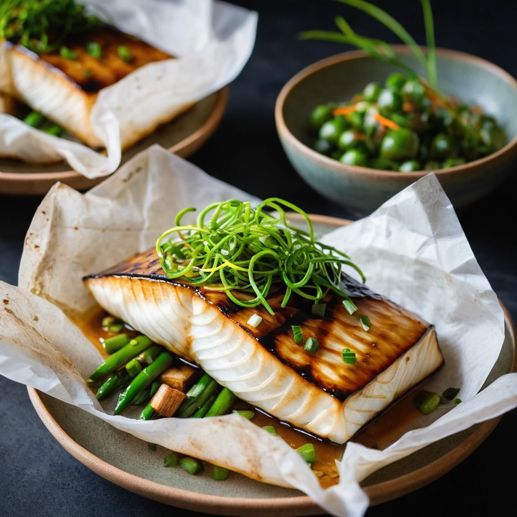 Grilled halibut in parchment packets with green scallions and vibrant orange hues from the miso glaze.