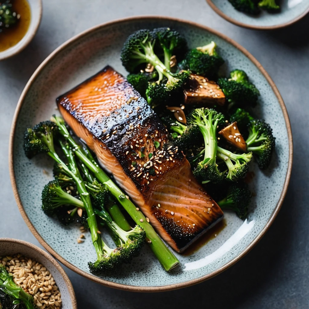 Glossy miso-glazed salmon fillet next to a bowl of roasted broccoli sprinkled with sesame seeds, both vibrant and golden-brown.