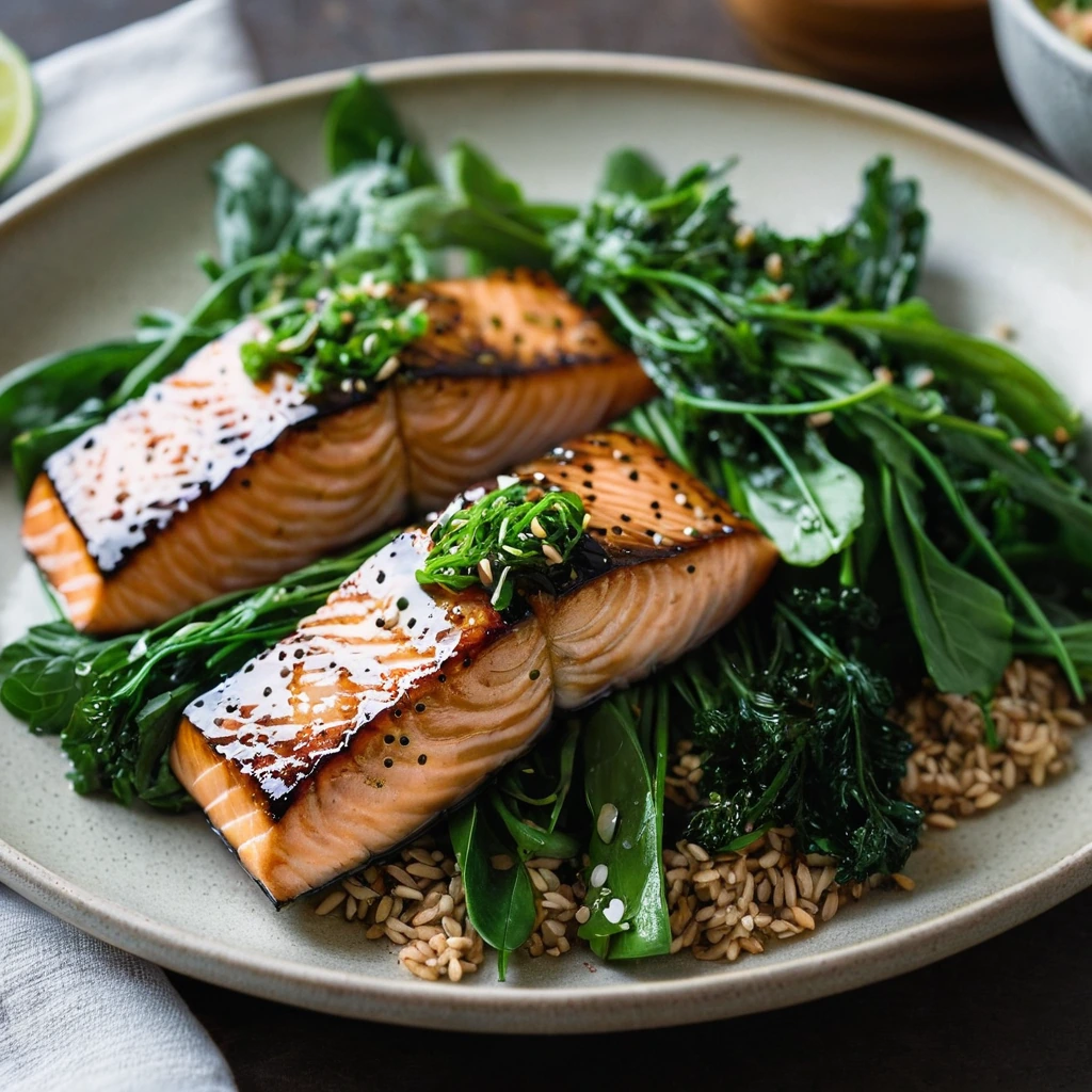 Two glossy miso-glazed salmon fillets on a bed of green sautéed greens sprinkled with sesame seeds.