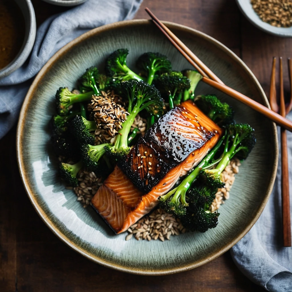 Plated miso glazed salmon with roasted broccoli sprinkled with sesame seeds, vibrant greens and golden hues.