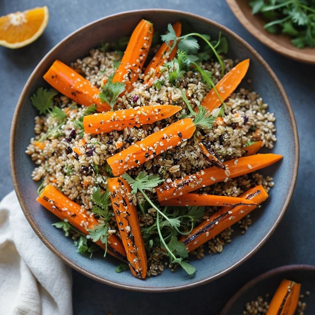 Colorful bowl of orange roasted carrots and fluffy quinoa drizzled with a golden dressing, garnished with fresh herbs.