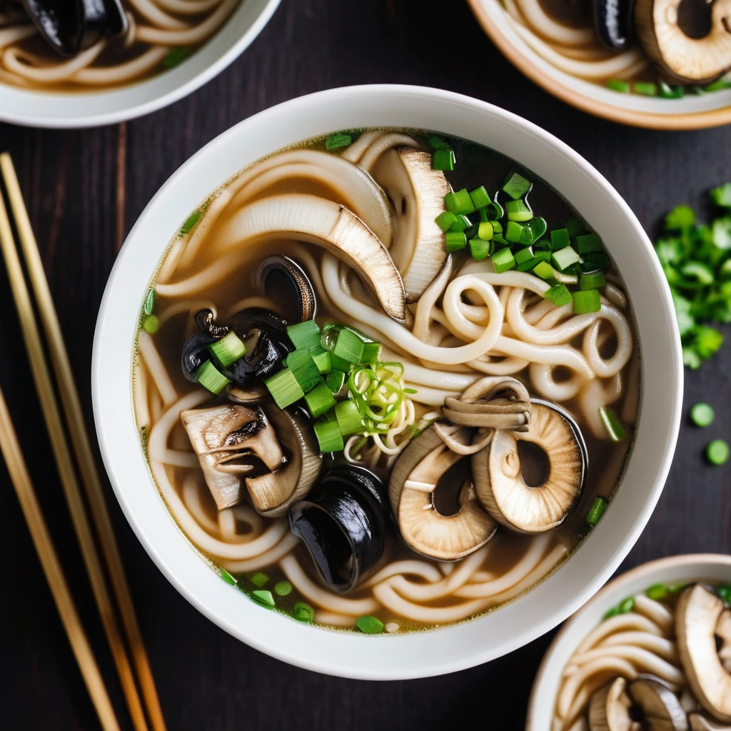 Bowl of hearty miso soup with thick udon noodles and sliced mushrooms, sprinkled with green onions.