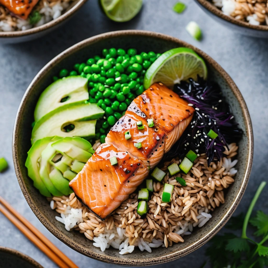 Colorful rice bowls with glazed salmon, green onions, and sesame seeds