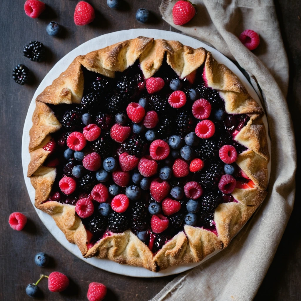 Golden brown almond crust galette filled with vibrant mixed berries arranged in a rustic pattern.