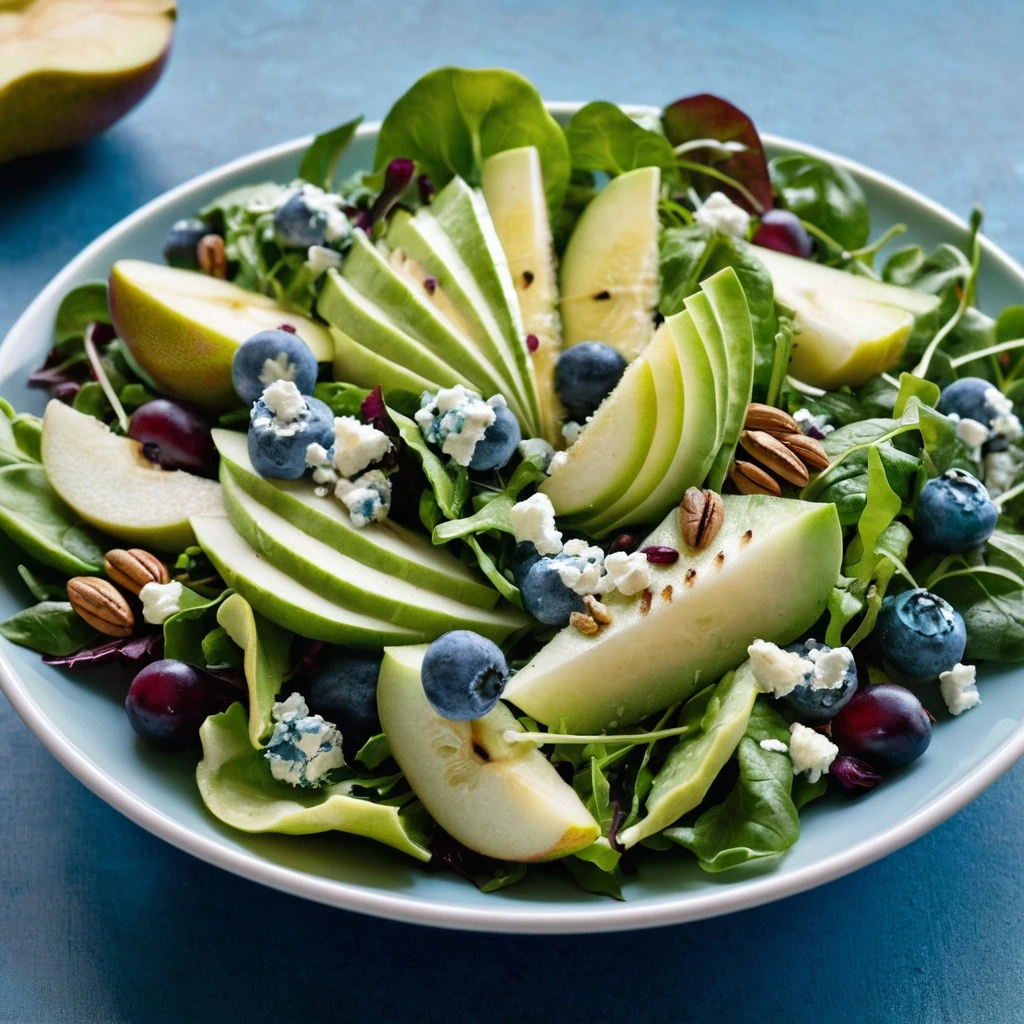 Colorful mixed greens in a bowl with blue cheese crumbles and slices of ripe pear, drizzled with vinaigrette.