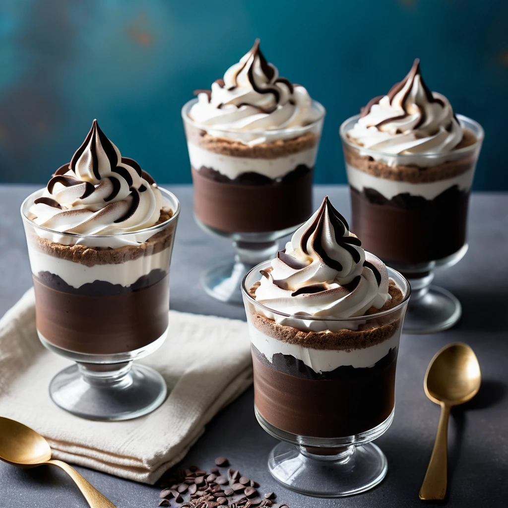Four small cups of dark chocolate pudding topped with a swirl of white whipped cream and a sprinkle of cocoa powder.