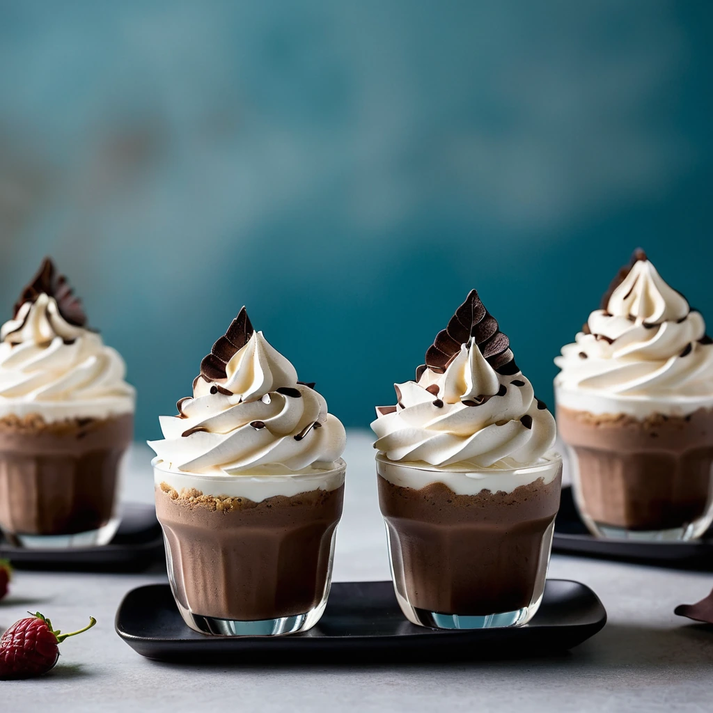 Small cups filled with dark brown mousse, topped with peaks of fluffy white whipped cream.