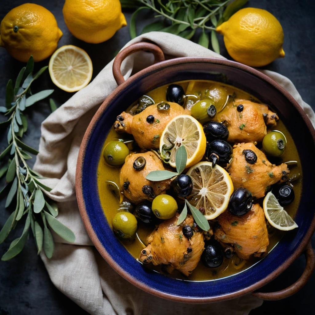 Golden chicken thighs in a vibrant orange sauce, sprinkled with green olives and preserved lemon slices, served in a rustic bowl.