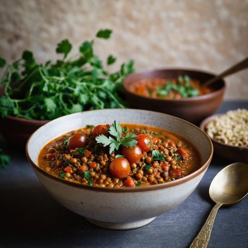 Rustic bowl of Moroccan stew with lentils, tomatoes, and fresh cilantro.