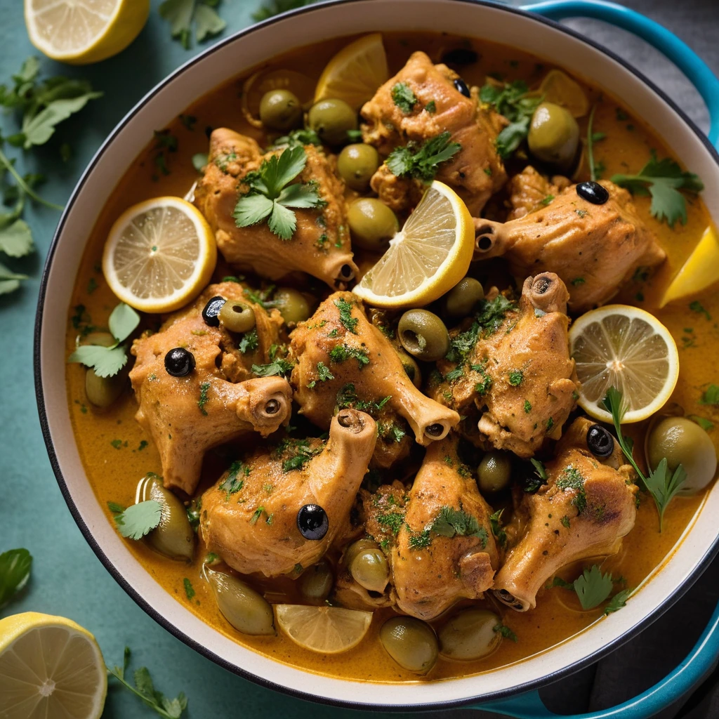 Golden chicken pieces nestled with olives and preserved lemon slices in a rich, orange sauce, garnished with fresh cilantro.
