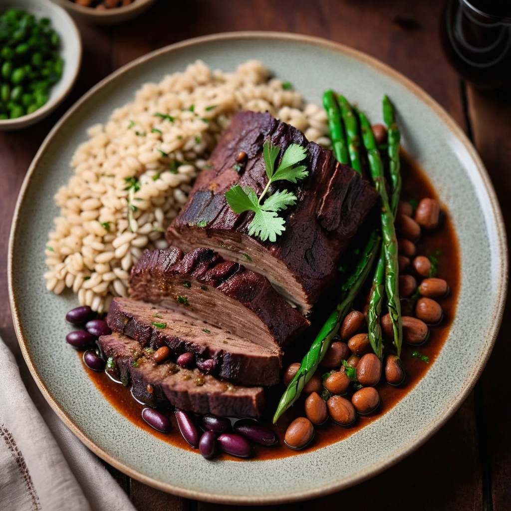 A succulent pork loin surrounded by beans in a deep red sauce, garnished with fresh cilantro on a rustic platter.