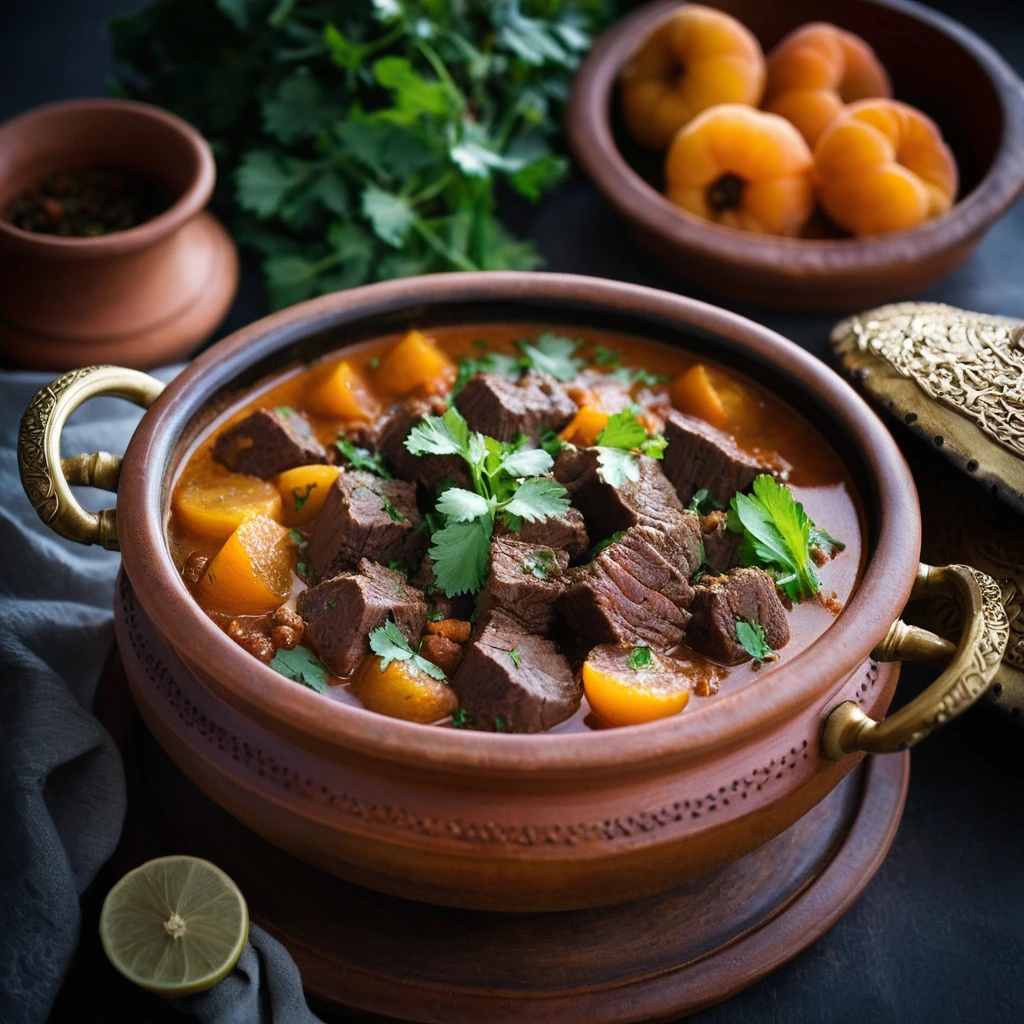 Rich golden tagine in a clay pot with tender beef chunks and plump apricots, garnished with fresh cilantro.