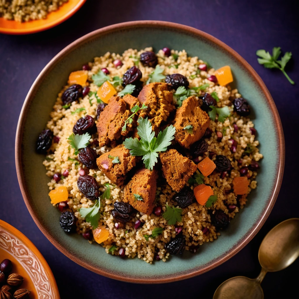 Golden chicken pieces served over vibrant orange raisin couscous in a shallow bowl, garnished with fresh cilantro.