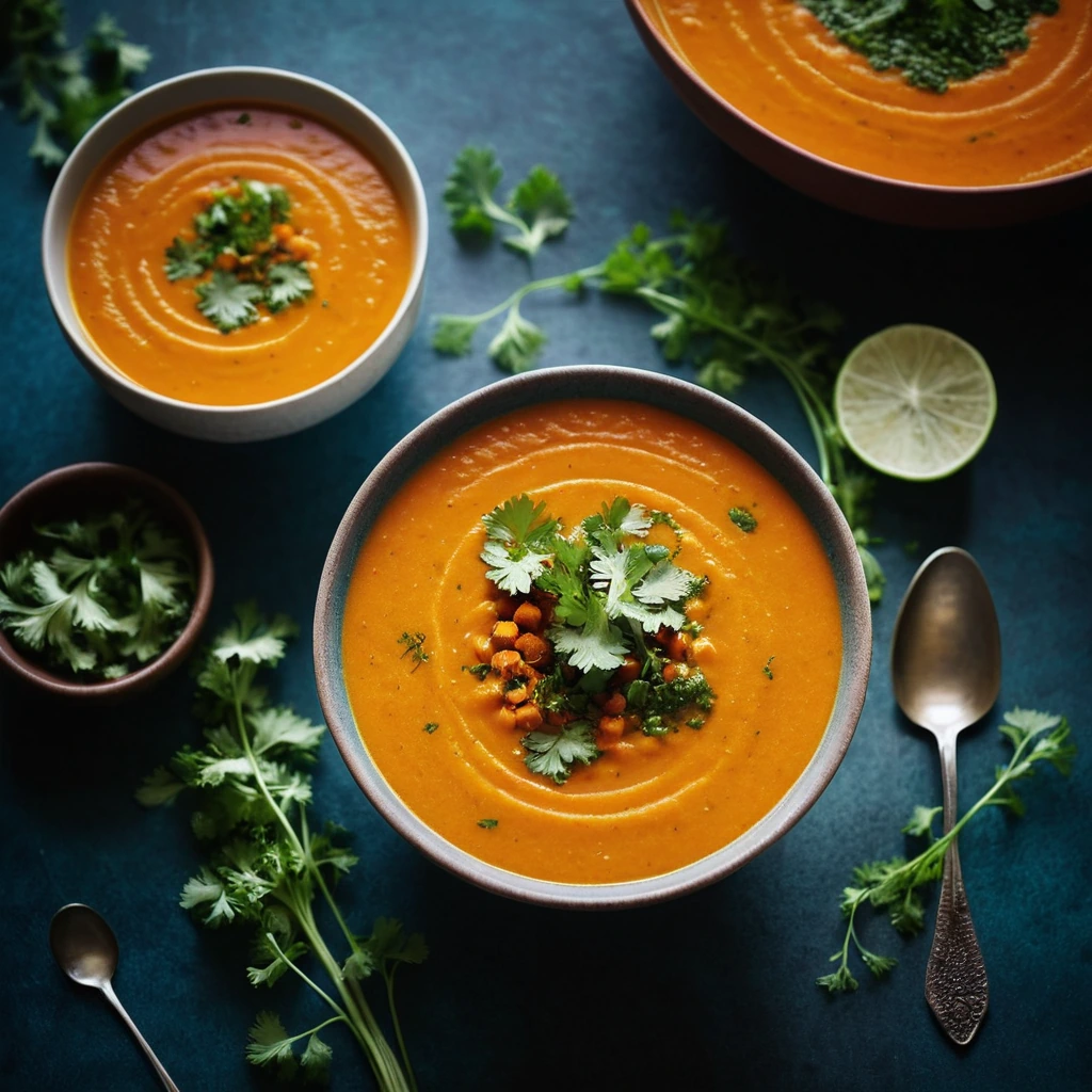 Steaming bowl of vibrant orange soup topped with fresh cilantro