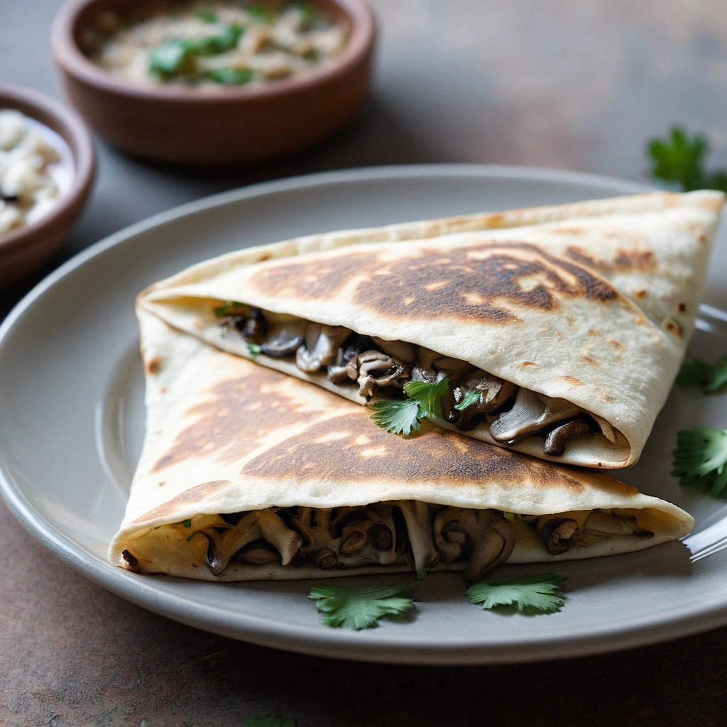 Two folded quesadillas on a plate, golden brown with melted cheese, garnished with fresh cilantro.
