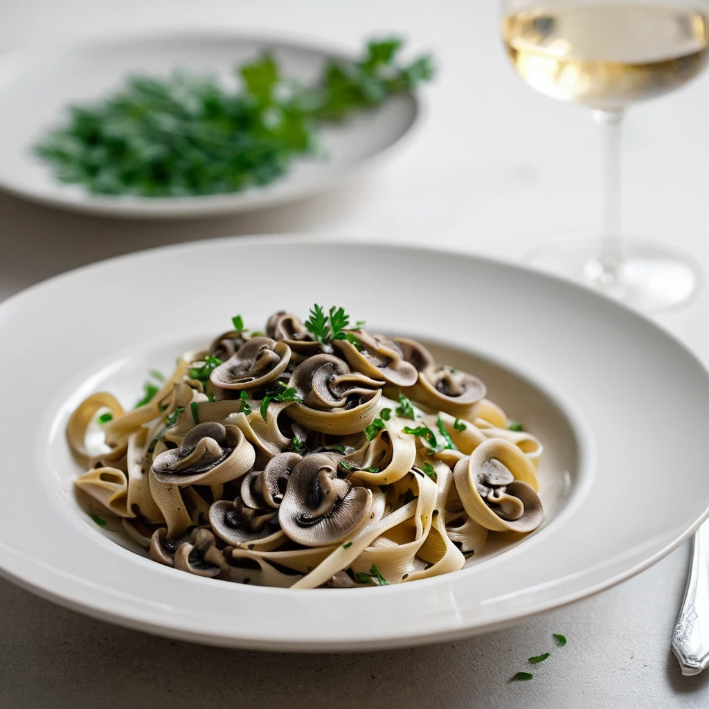 Golden tagliatelle pasta with rich mushroom and caramelized onions in a creamy sauce, garnished with fresh parsley.