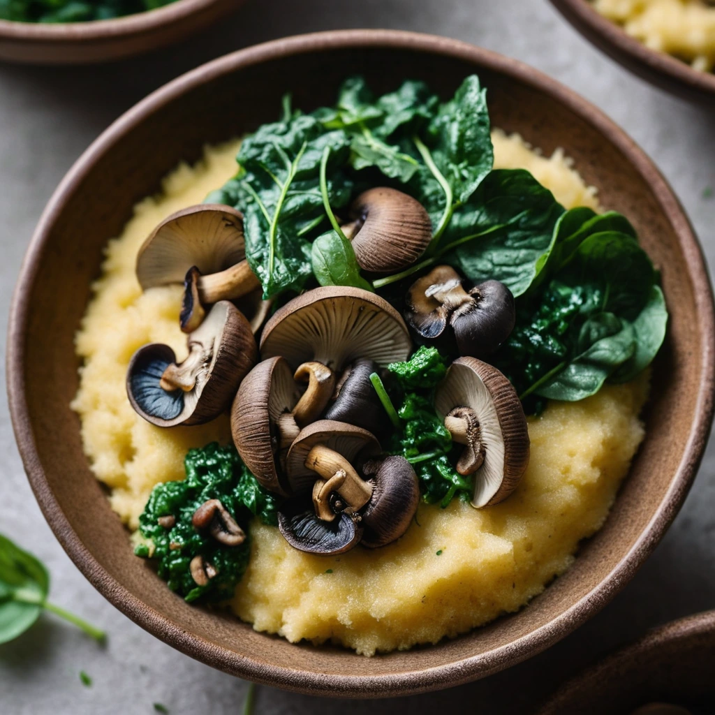 Golden polenta topped with sautéed mushrooms and spinach in a rustic bowl.