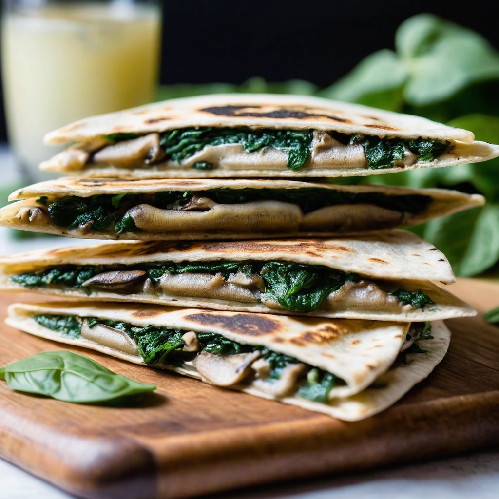 Golden brown quesadillas cut into wedges, oozing melted cheese with a vibrant green spinach and mushroom filling.