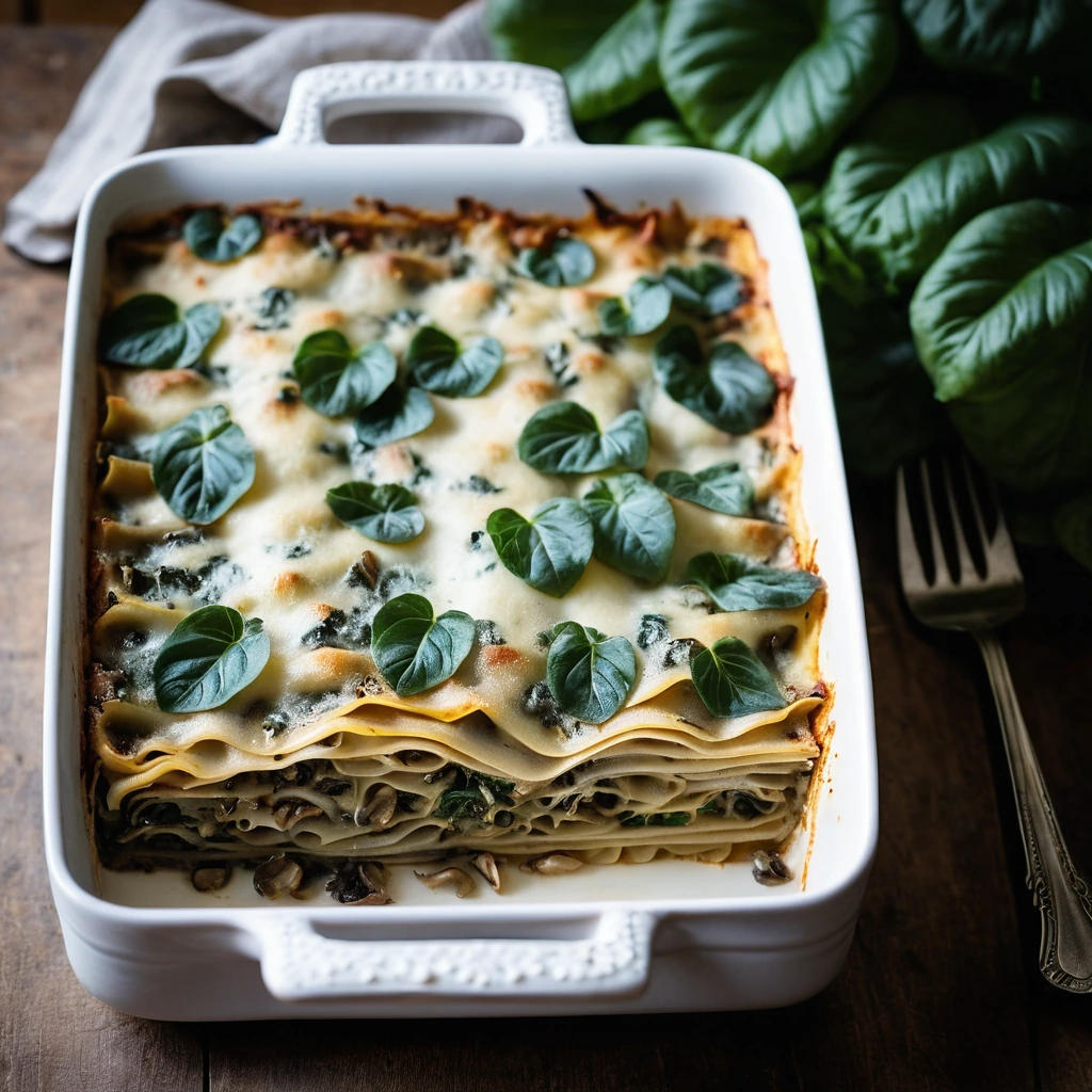 Rectangular baking dish with layers of lasagna noodles, mushrooms, Swiss chard, and melted cheese.