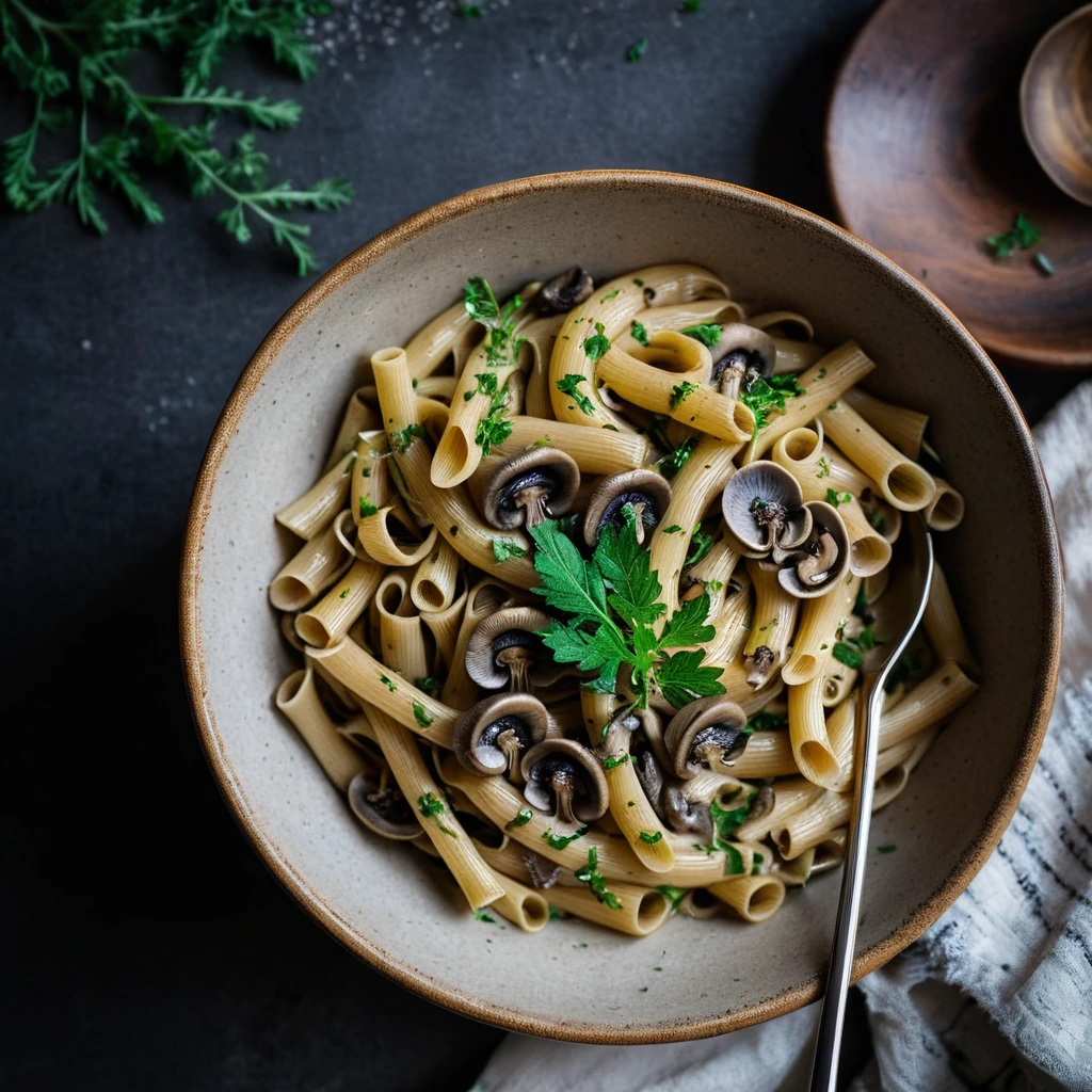 Golden pasta twirled with mushrooms and thyme in a creamy sauce, served in a rustic bowl with fresh parsley.