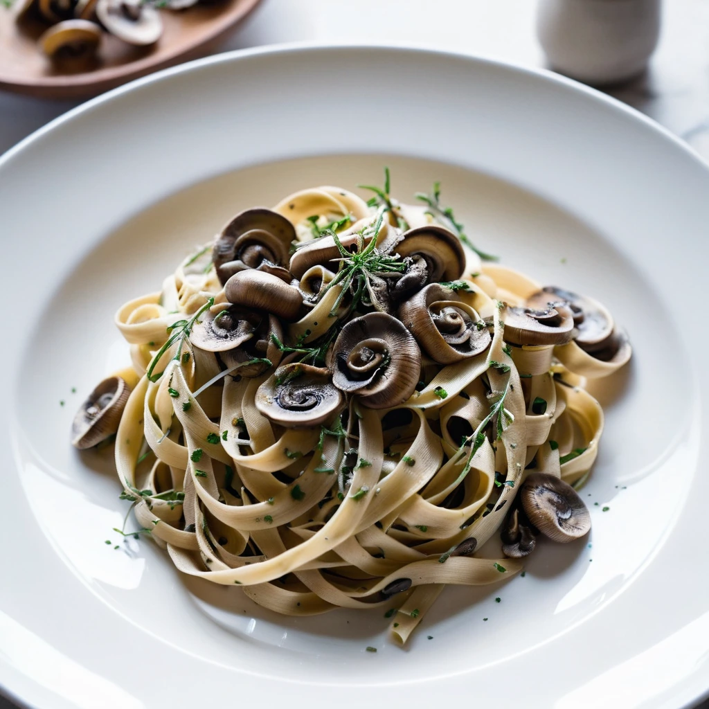 Golden tagliatelle twirled on a white plate, topped with sautéed mushrooms and a creamy sauce, sprinkled with fresh thyme leaves.