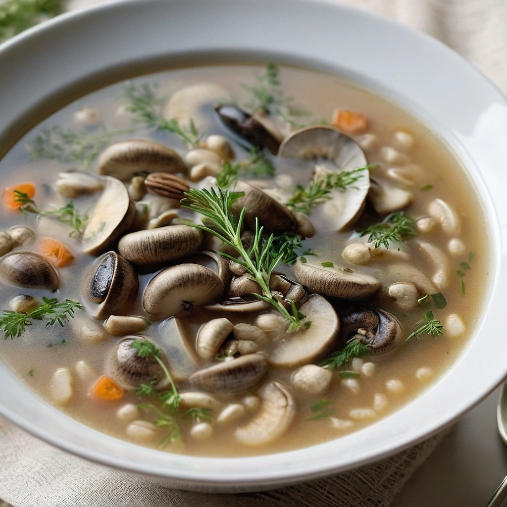 steaming bowl of golden-brown soup with chunks of barley and mushrooms, garnished with sprigs of fresh thyme