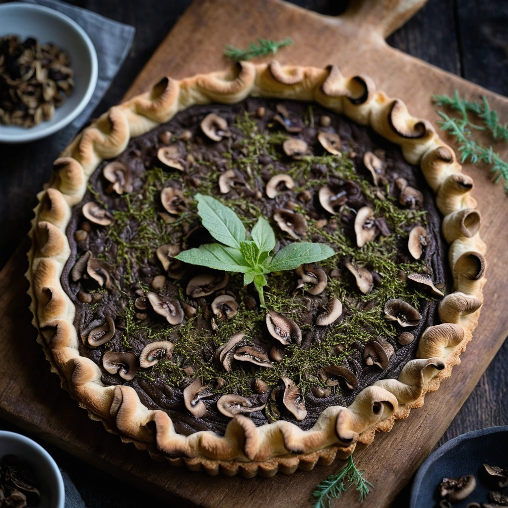Golden flaky tart crust filled with dark earthy mushroom mixture, served on a rustic wooden board.