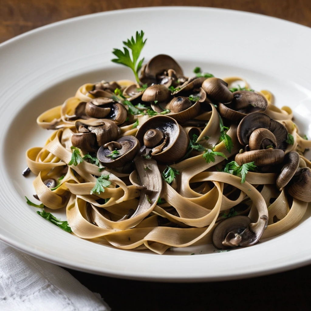 Golden tagliatelle pasta in a glossy brown sauce with sautéed mushrooms, garnished with fresh parsley.