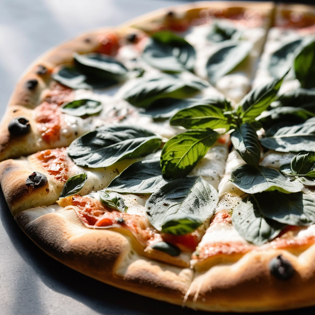 Golden, bubbly pizza with charred edges, fresh basil leaves, and melted mozzarella on top