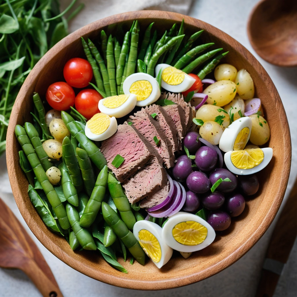 colorful salad in a wooden bowl with green beans, cherry tomatoes, and hard-boiled eggs