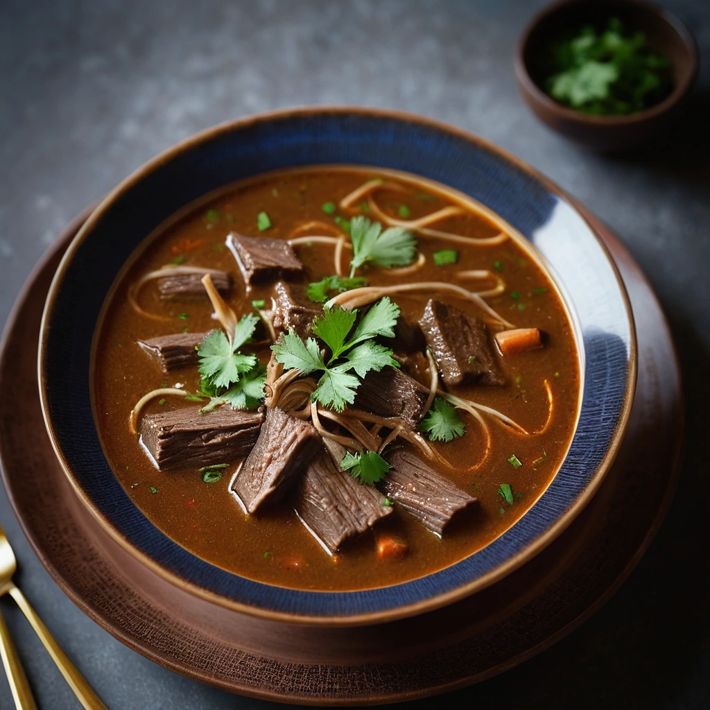 Bowl of nihari with tender beef chunks in a rich, brown gravy, garnished with fresh cilantro and sliced chilies.