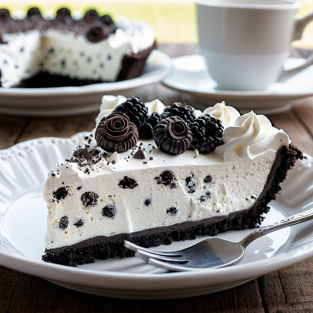 Slice of pie with a chocolate cookie crust and creamy filling, topped with whipped cream and Oreo crumbs.