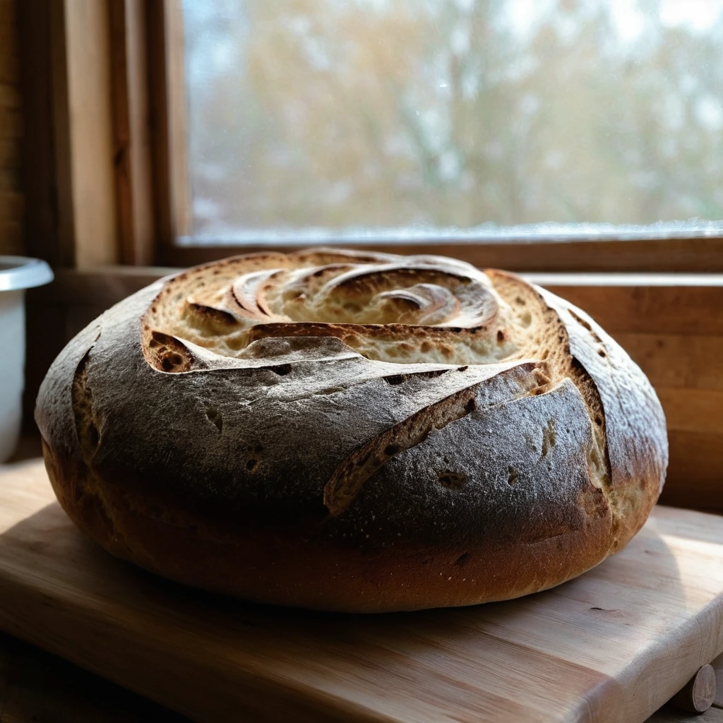 Golden brown loaf with a crisp crust, sitting on a wooden board