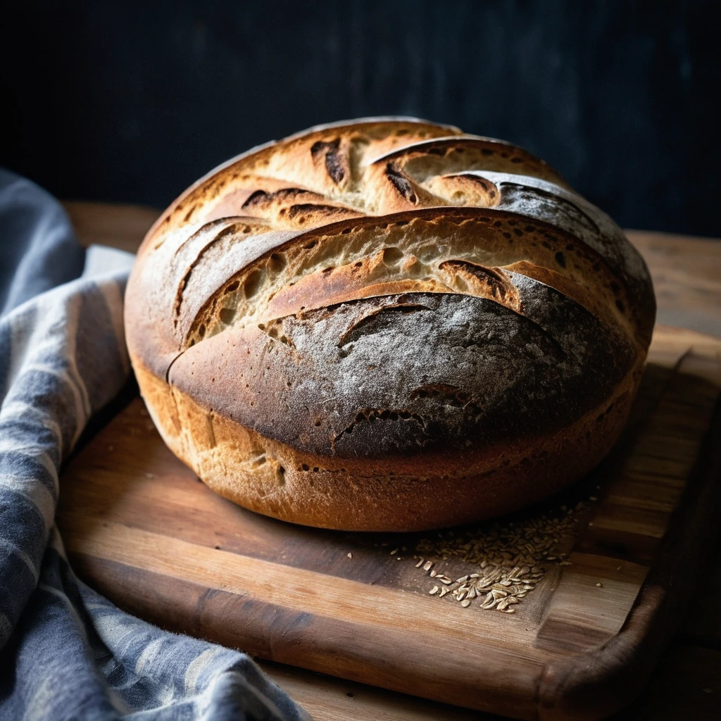 Golden brown loaf with a crispy crust, scored top, resting on a wooden board.