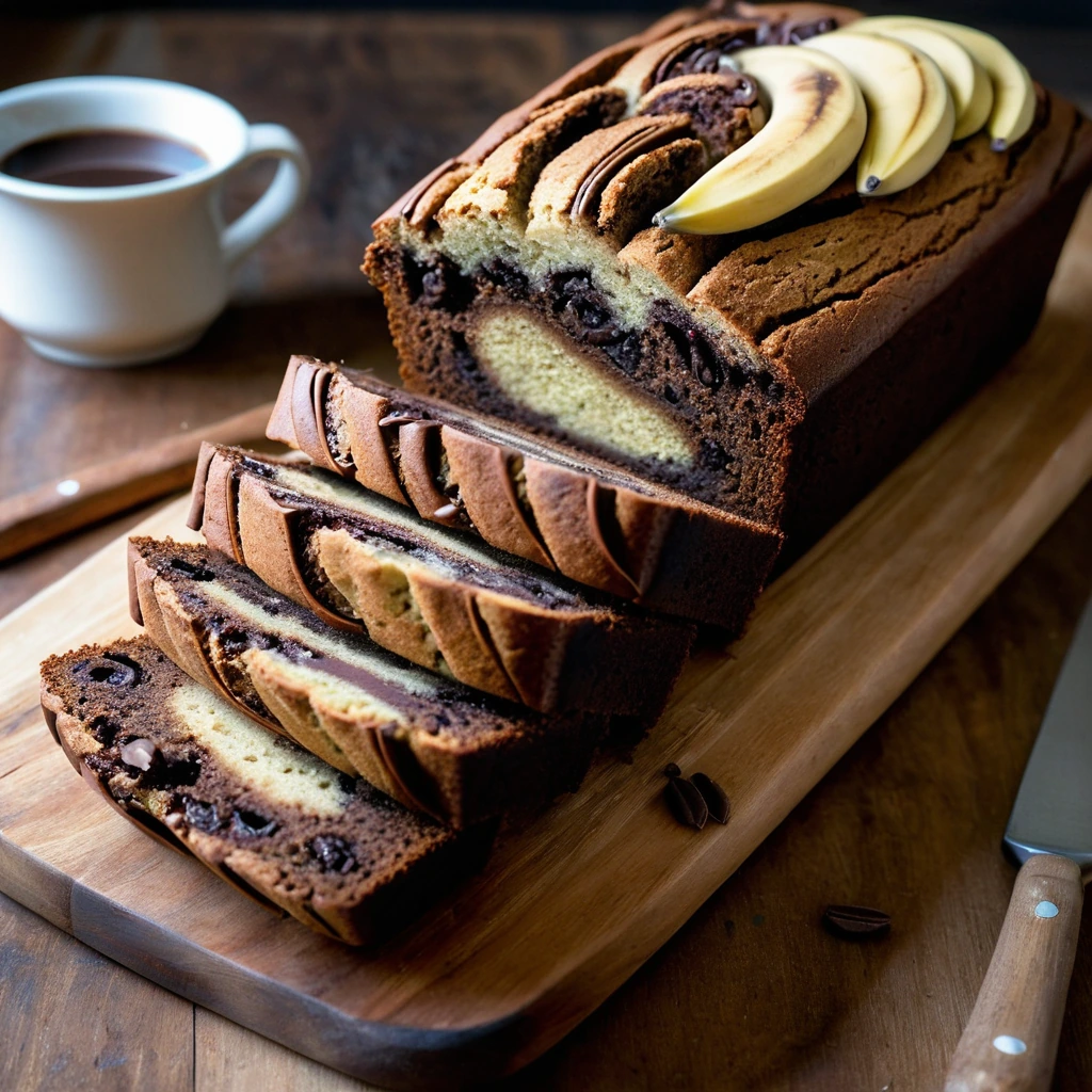 Golden loaf with dark chocolate swirls, sliced to reveal marbled interior, served on a rustic wooden board.