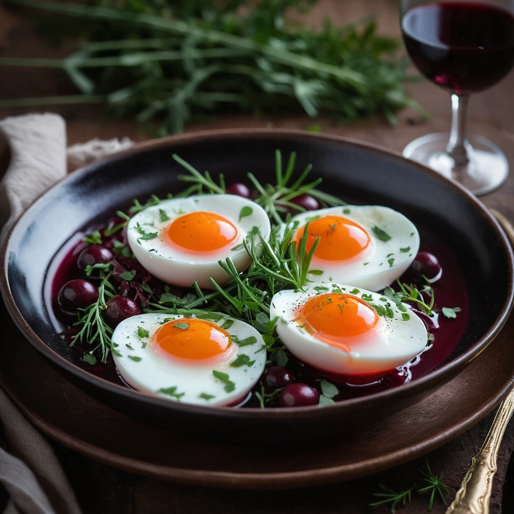 Two soft-poached eggs in a rustic bowl, swimming in a deep red, glossy sauce with sprigs of fresh herbs on top.