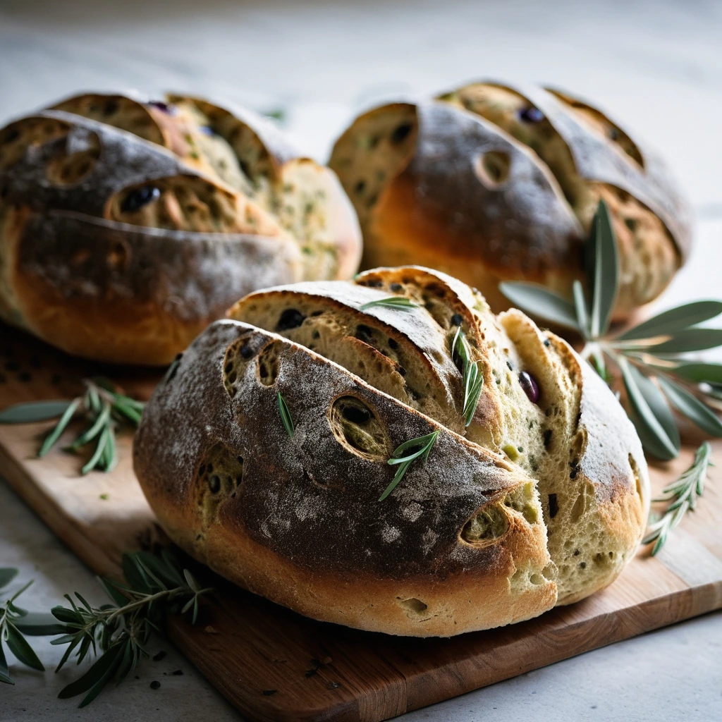 Two rustic golden loaves dusted with herbs and flecked with olives, sliced open to reveal a soft interior.