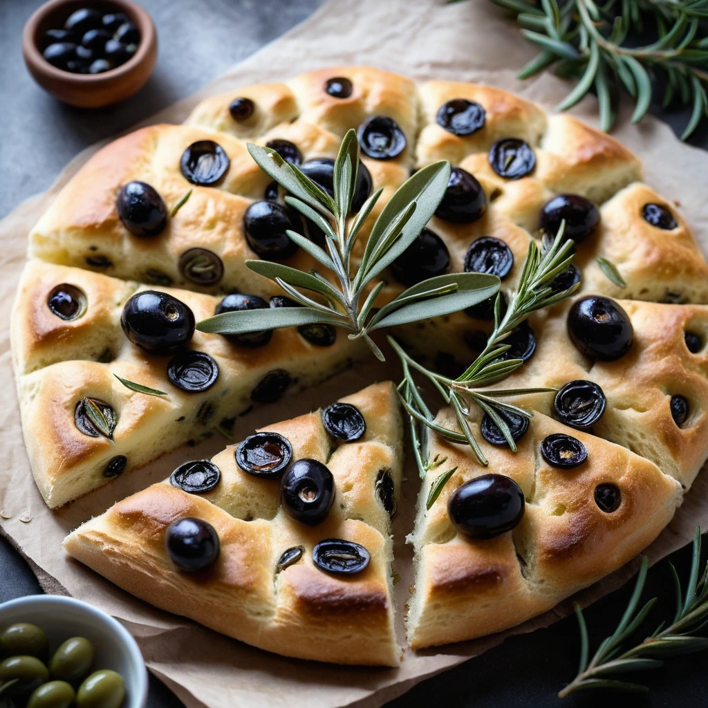 Golden focaccia bread with green rosemary sprigs and black olives, dimpled surface glistening with olive oil