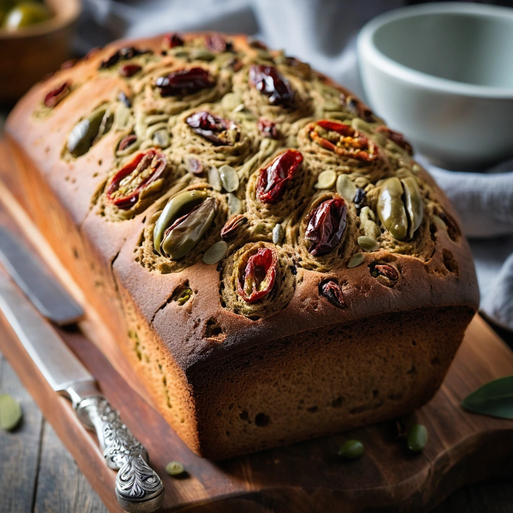 Golden crusty loaf with visible green olives and red sun-dried tomatoes on a wooden board.
