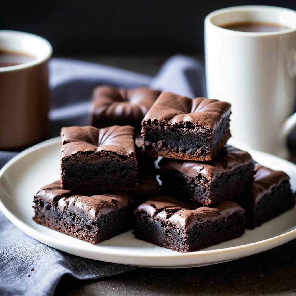 A plate of shiny, dark brown brownies dusted with cocoa powder and cut into perfect squares.