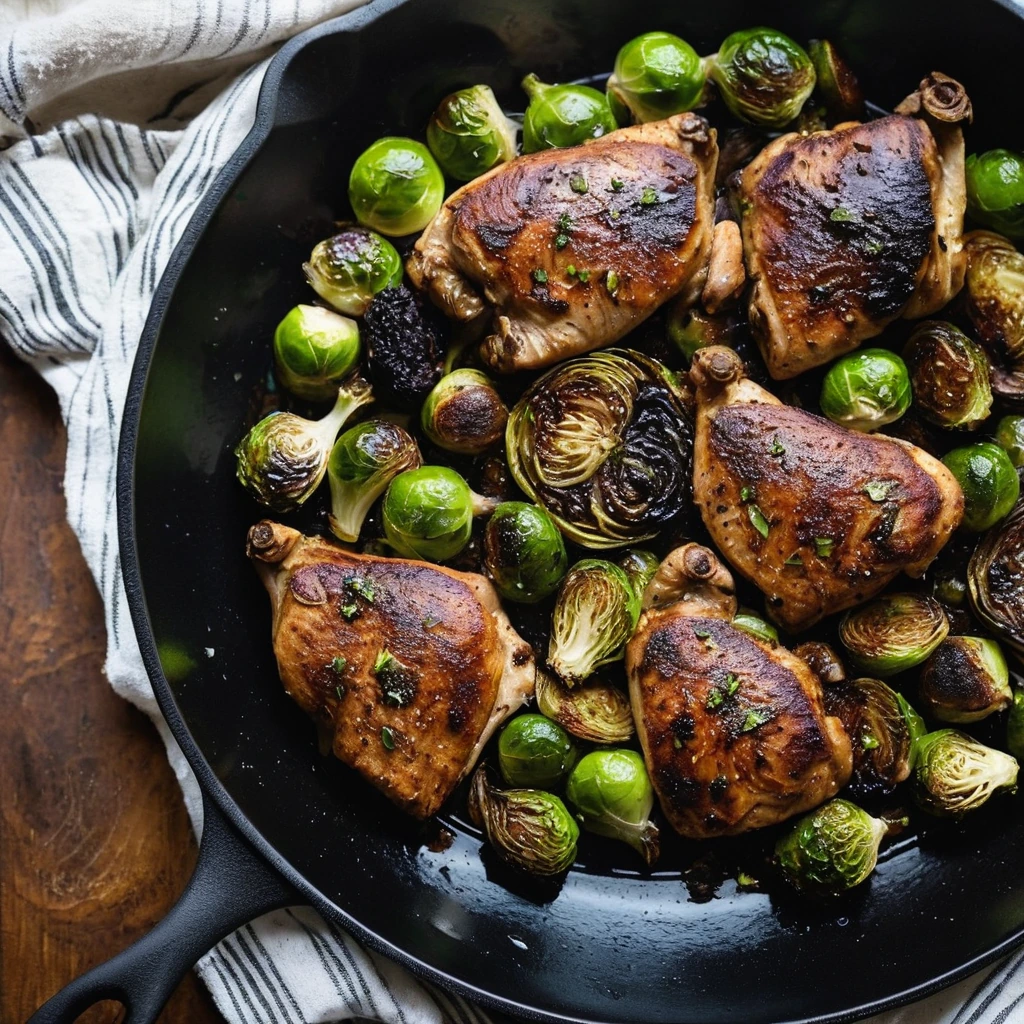 Golden chicken thighs and roasted Brussels sprouts in a glossy balsamic reduction on a pan.