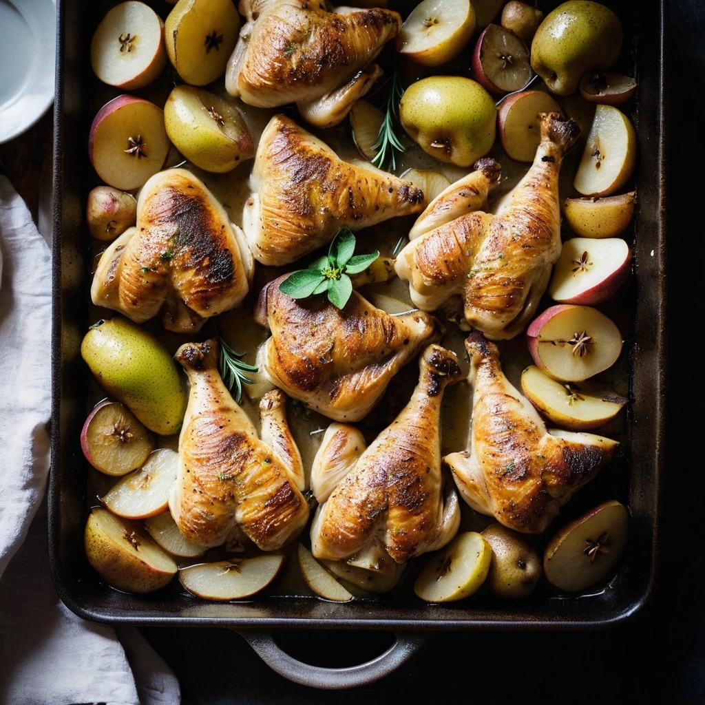 Chicken thighs, pear slices, and potato chunks roasted to perfection in a single pan, drizzled with a golden sauce.