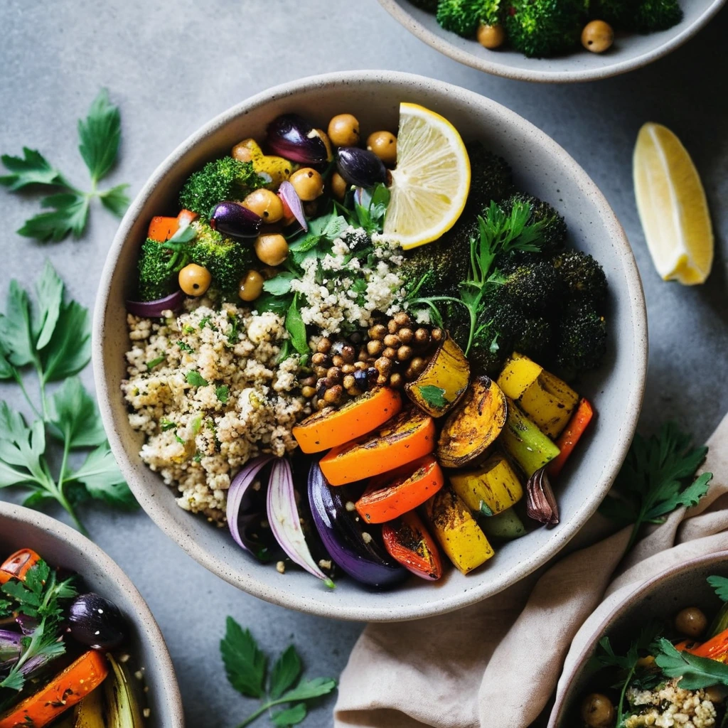 Colorful roasted vegetables and fluffy quinoa in a bowl with fresh parsley and lemon wedges on the side.