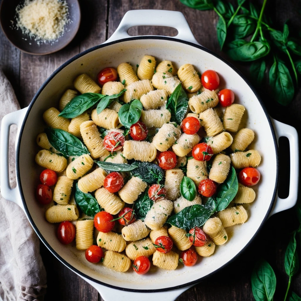 Golden gnocchi baked in a creamy sauce with sautéed spinach and cherry tomatoes, topped with melted Parmesan and fresh basil.