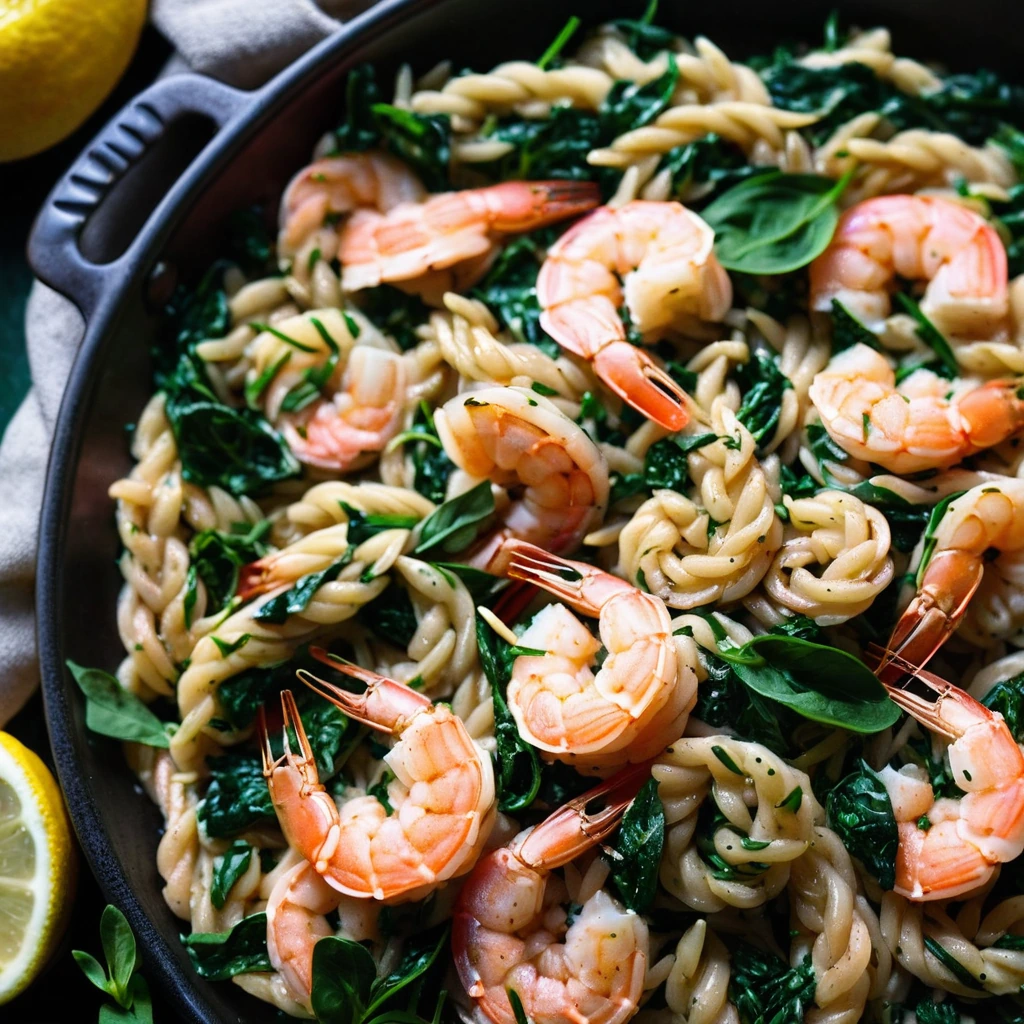 Golden orzo nestled with shrimp and spinach in a lemon-garlic sauce on a rustic pan