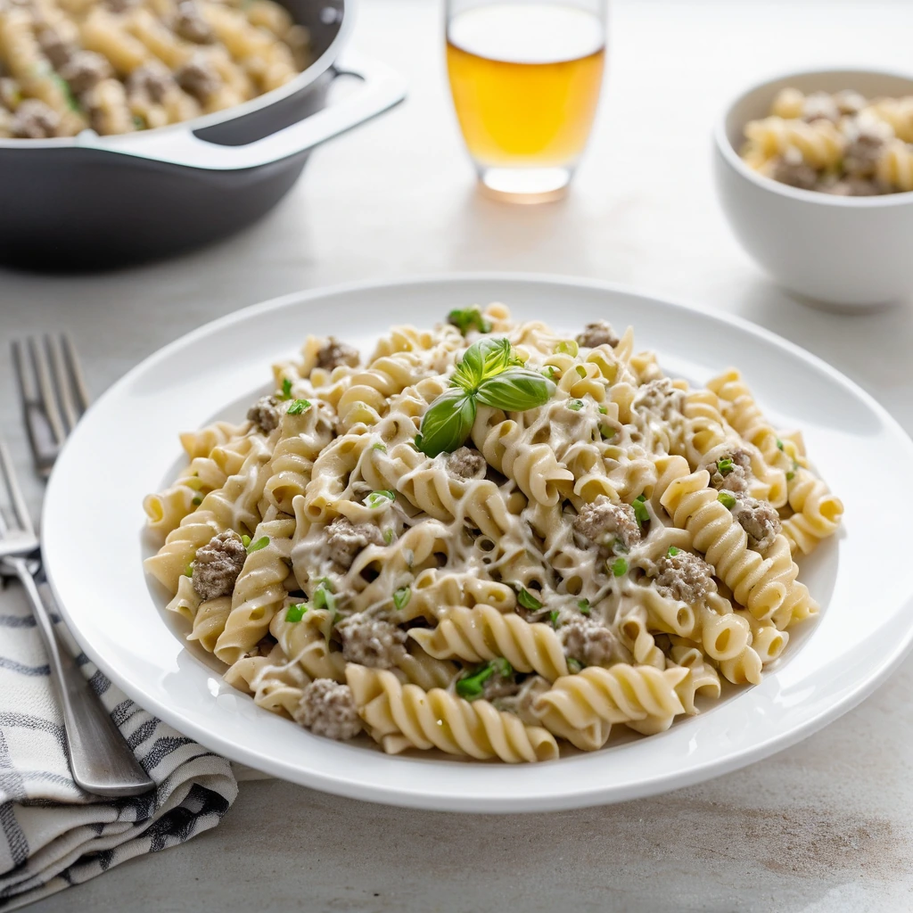 Twists of golden rotini pasta in creamy white sauce with ground beef and green onions on a white plate.