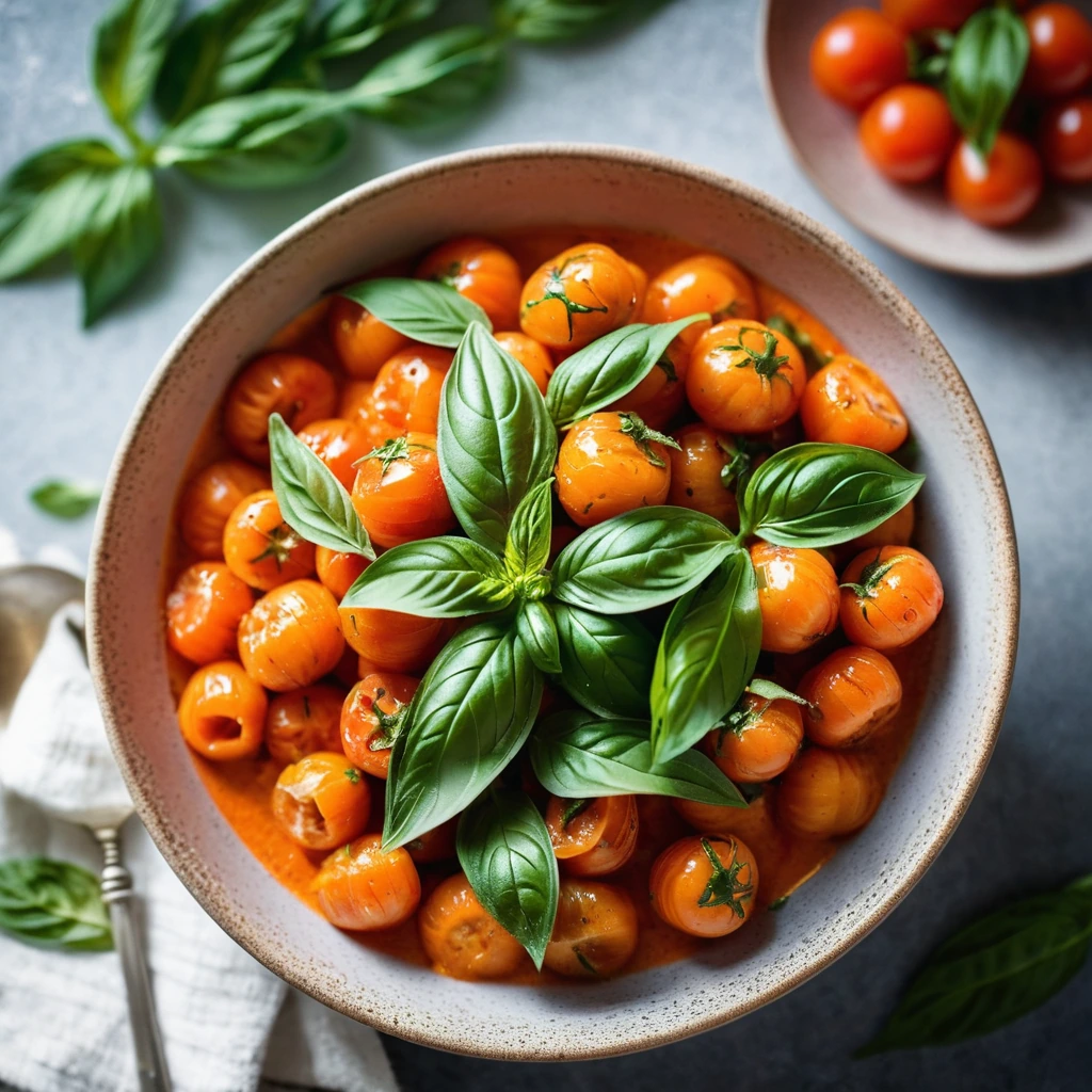 Golden gnocchi in a vibrant orange sauce with fresh basil leaves, served in a rustic bowl.