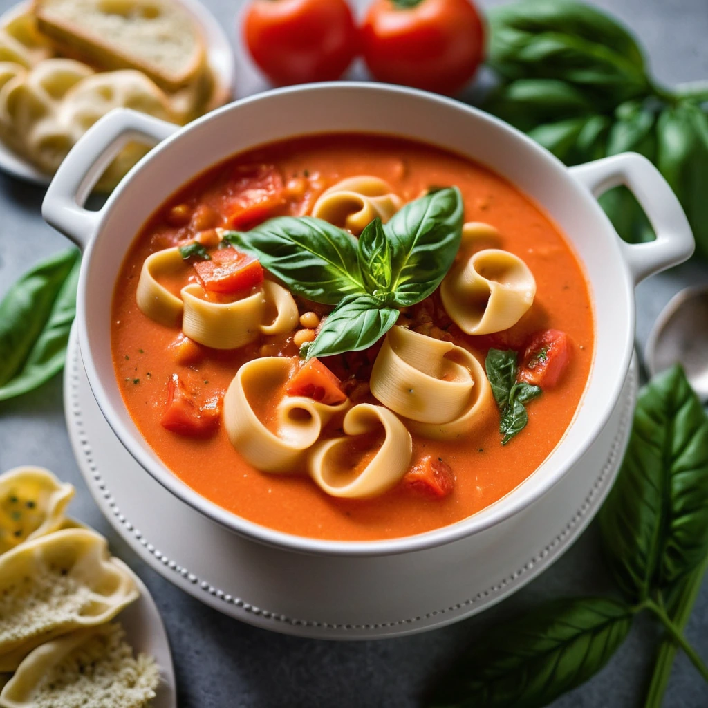 Golden bowl of creamy tomato soup with cheese-filled tortellini and fresh basil leaves.